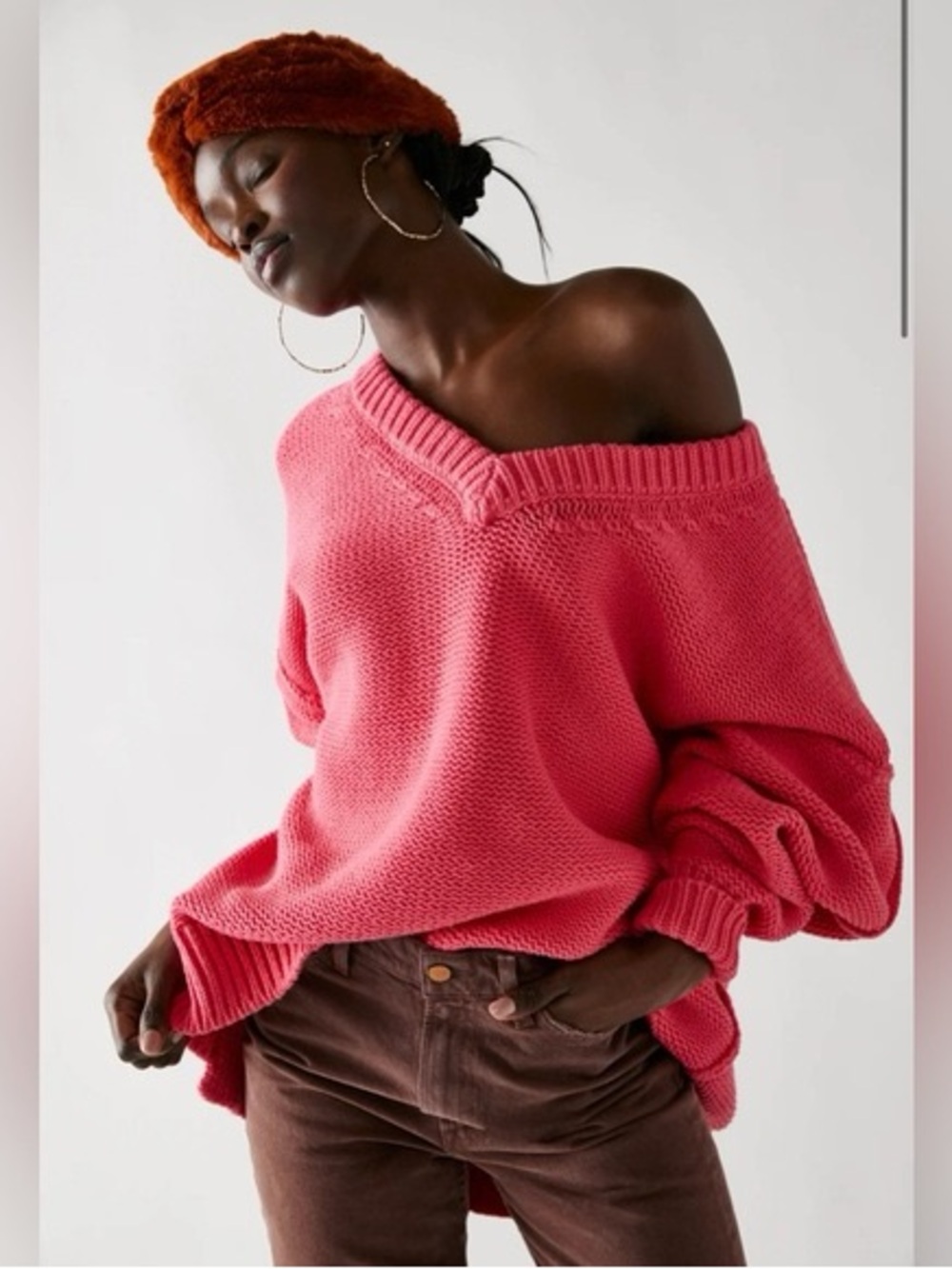 Free People Alli V-neck Oversize Chunky Sweater Strawberry Spritz Small NWOT